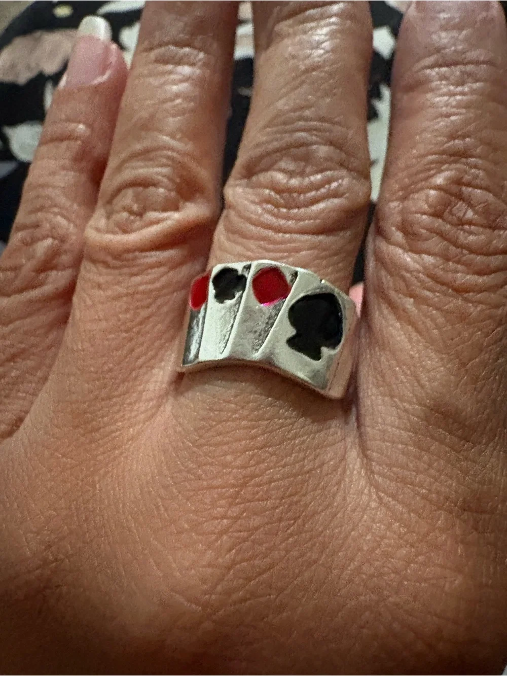 Silver Tone Men's Card-Suit Accent Ring with Black and Red Inlay